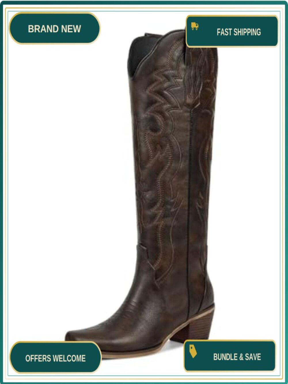 Knee High Cowboy Boots Faux Leather Snip Toe Block Heel